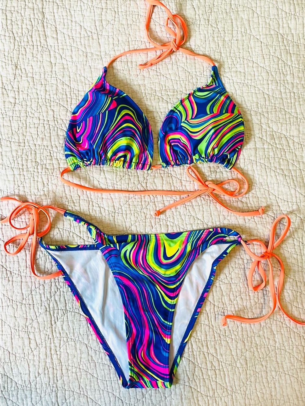 Neon Swirl Tie-String Bikini - Multicolor
